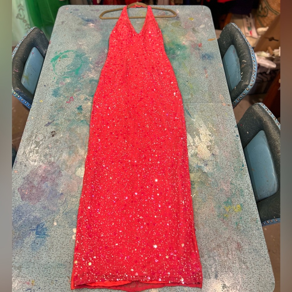 Y2K Coral Pink Sequin Halter Gown